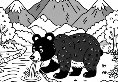 Asiatischer Schwarzbär trinkt aus Bergfluss – Ausmalbild kostenlos