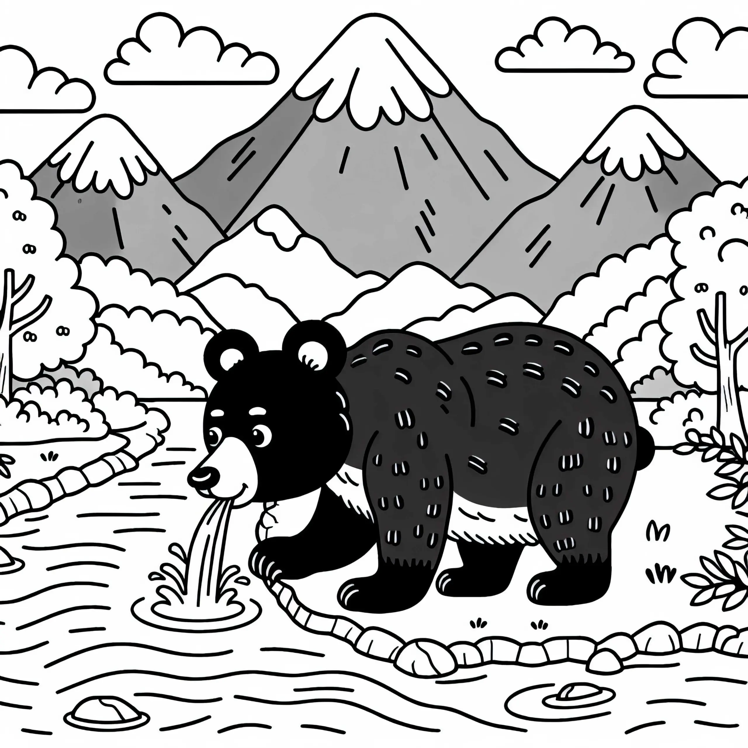 Asiatischer Schwarzbär trinkt aus Bergfluss – Ausmalbild kostenlos