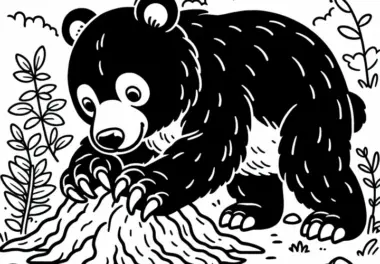 Asiatischer Schwarzbär wühlt mit Krallen im Boden – Malvorlage gratis