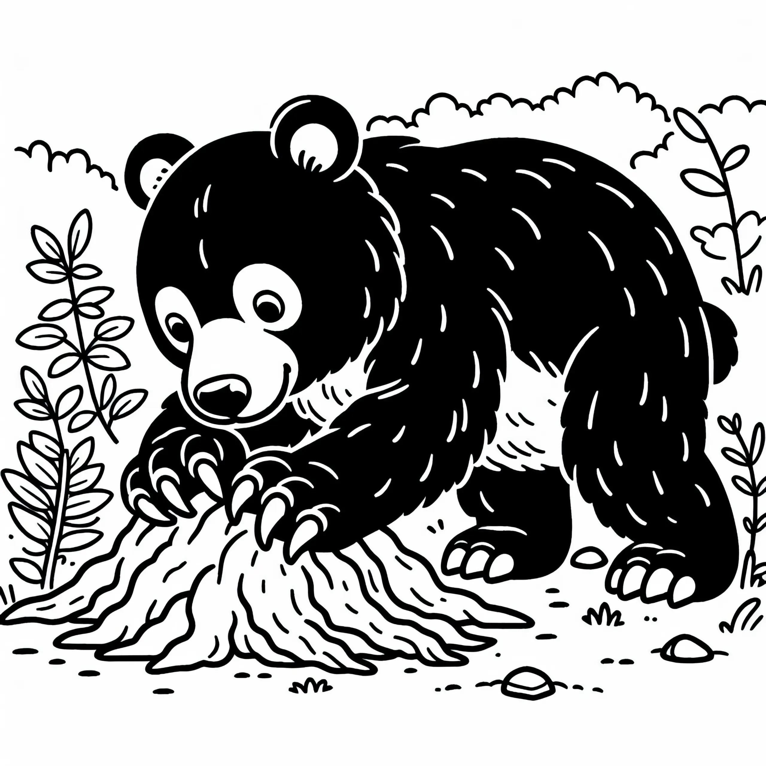 Asiatischer Schwarzbär wühlt mit Krallen im Boden – Malvorlage gratis (Ausmalbild)