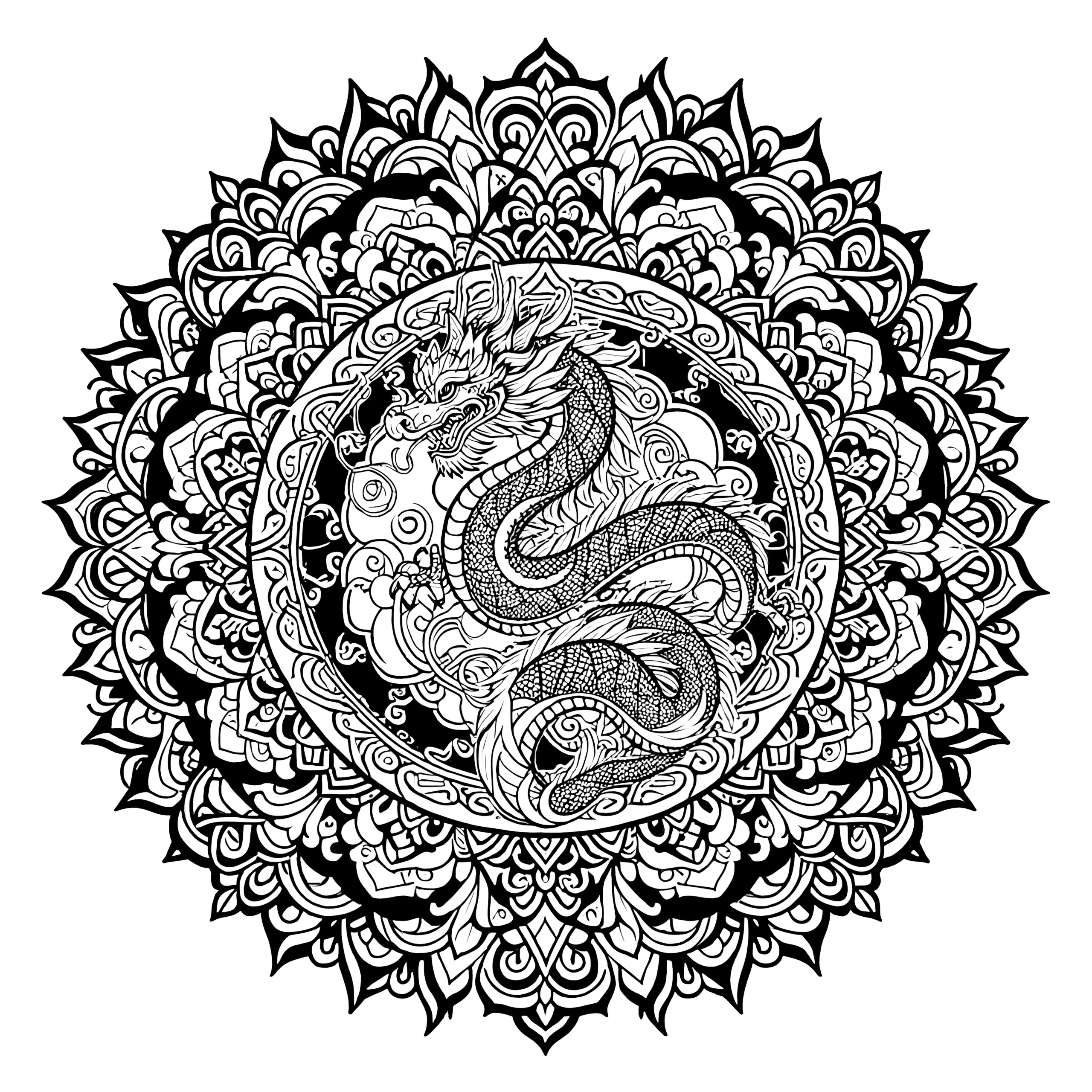 Asiatisches Drachen-Mandala: Komplexes Fantasiewesen zum Ausmalen (Ausmalbild)