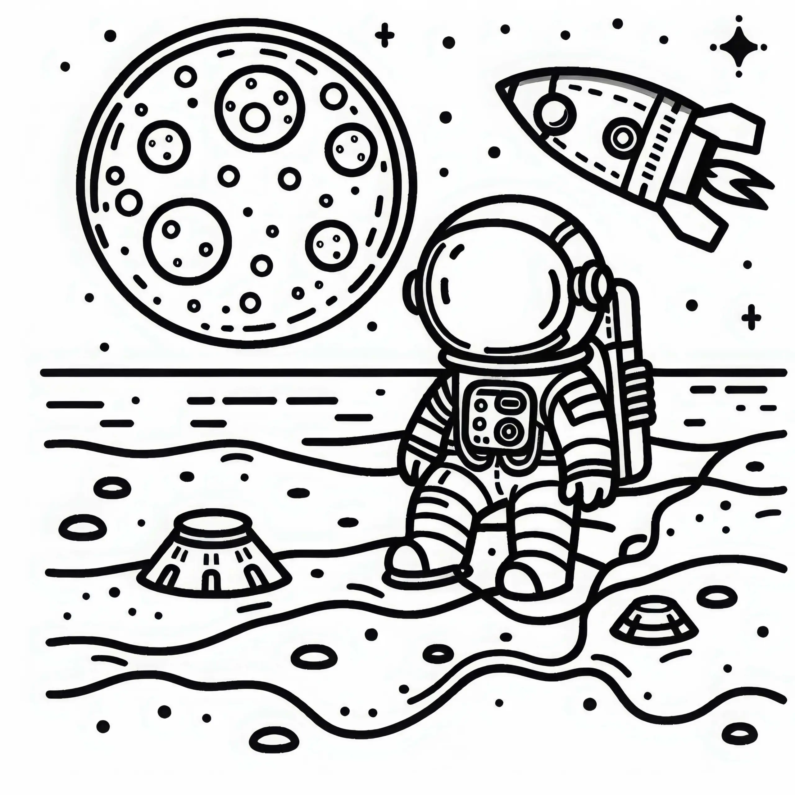 Astronaut auf dem Mond – Malvorlage einfach und gratis (Ausmalbild)