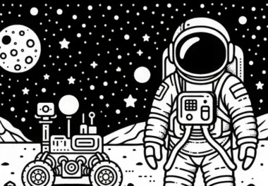 Astronaut auf dem Mond neben Rover – Malvorlage einfach gratis