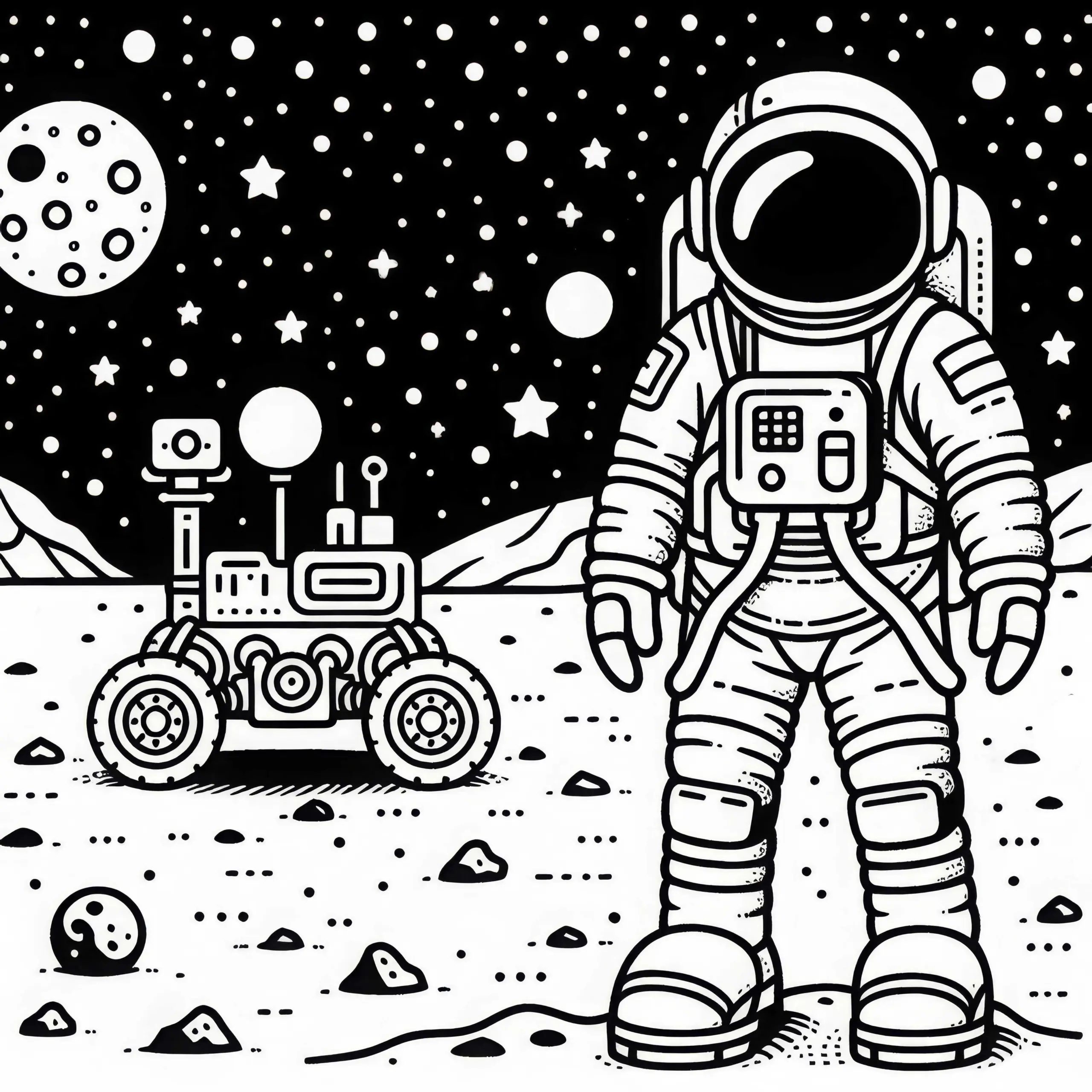 Astronaut auf dem Mond neben Rover – Malvorlage einfach gratis (Ausmalbild)