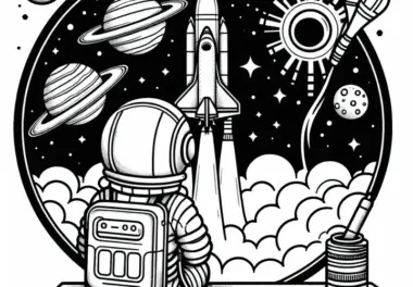 Astronaut beobachtet Raketenstart – Ausmalbild einfach und gratis