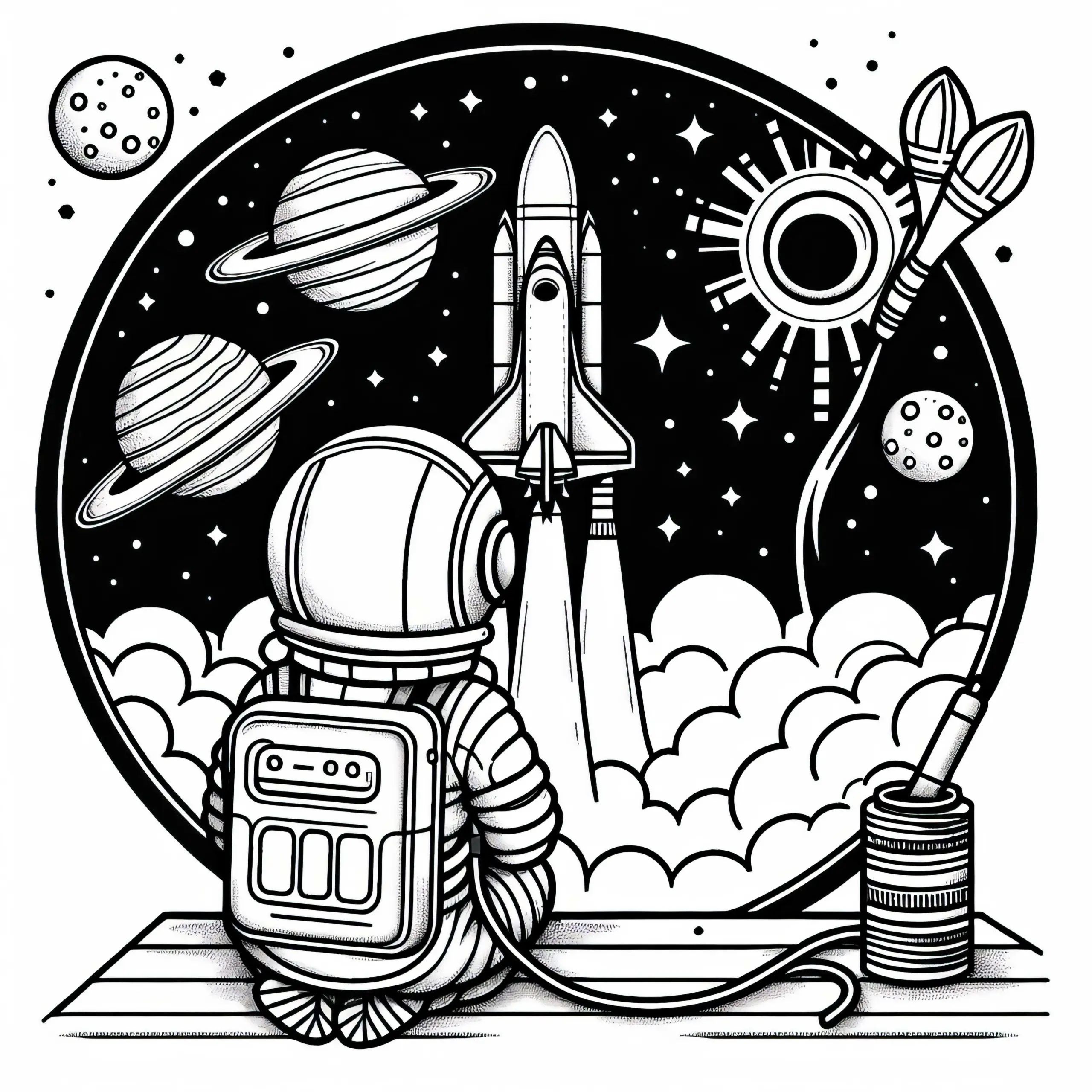 Astronaut beobachtet Raketenstart – Ausmalbild einfach und gratis