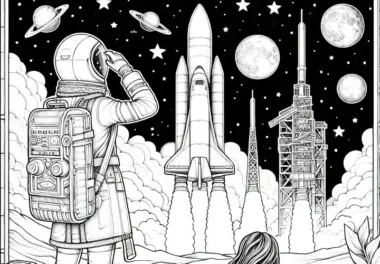 Astronaut beobachtet Raketenstart – Malvorlage, detailliert und gratis