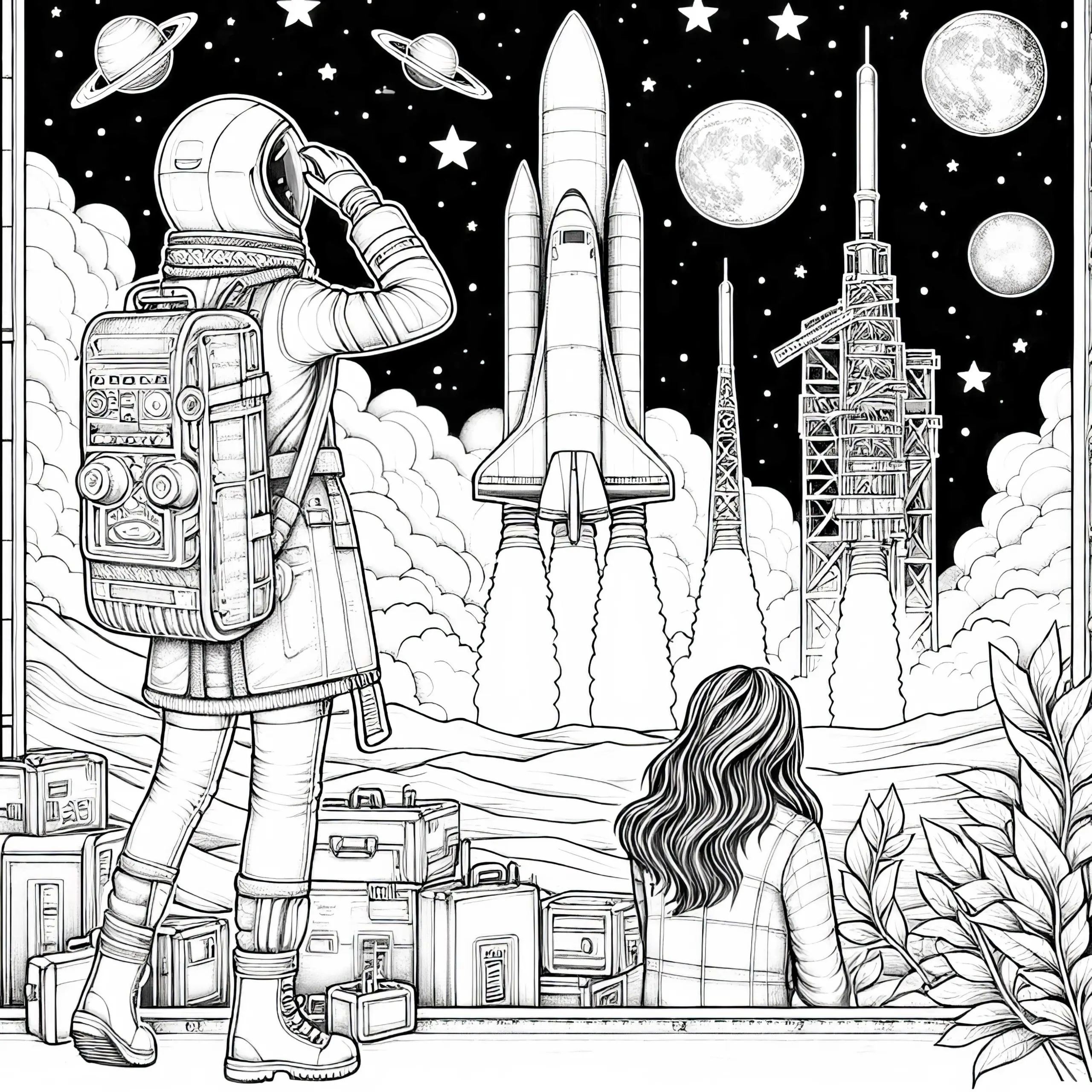 Astronaut beobachtet Raketenstart – Malvorlage, detailliert und gratis (Ausmalbild)