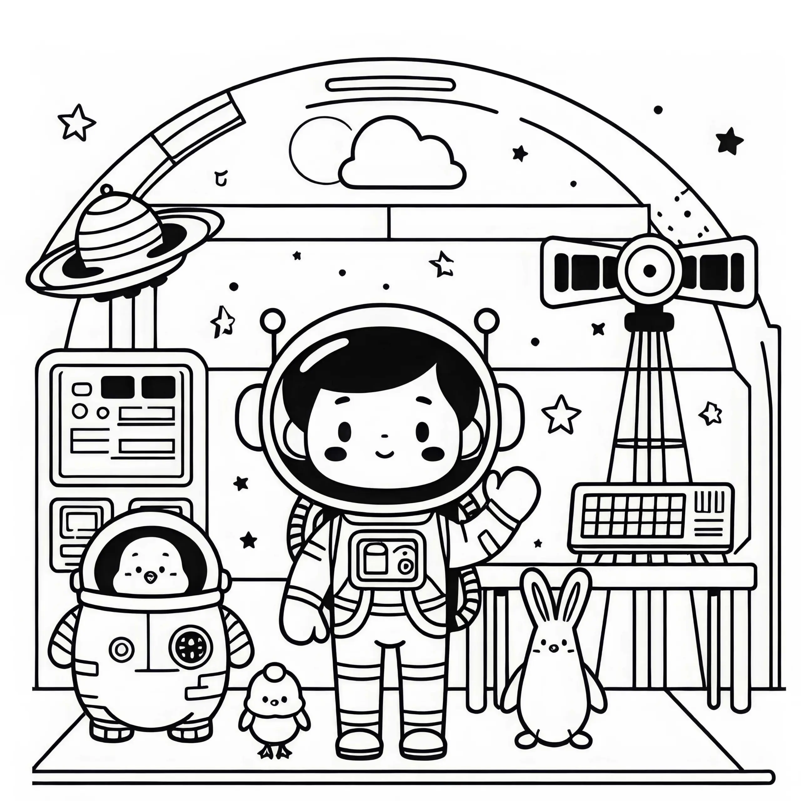 Astronaut in Raumstation Malvorlage – Einfach Kostenlos (Ausmalbild)