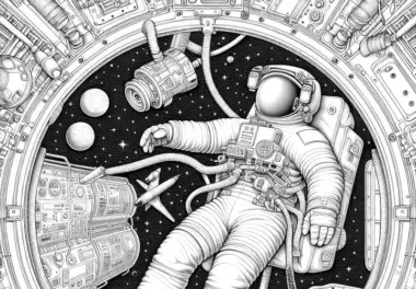 Astronaut in Schwerelosigkeit schwebend – Ausmalbild detailreich gratis