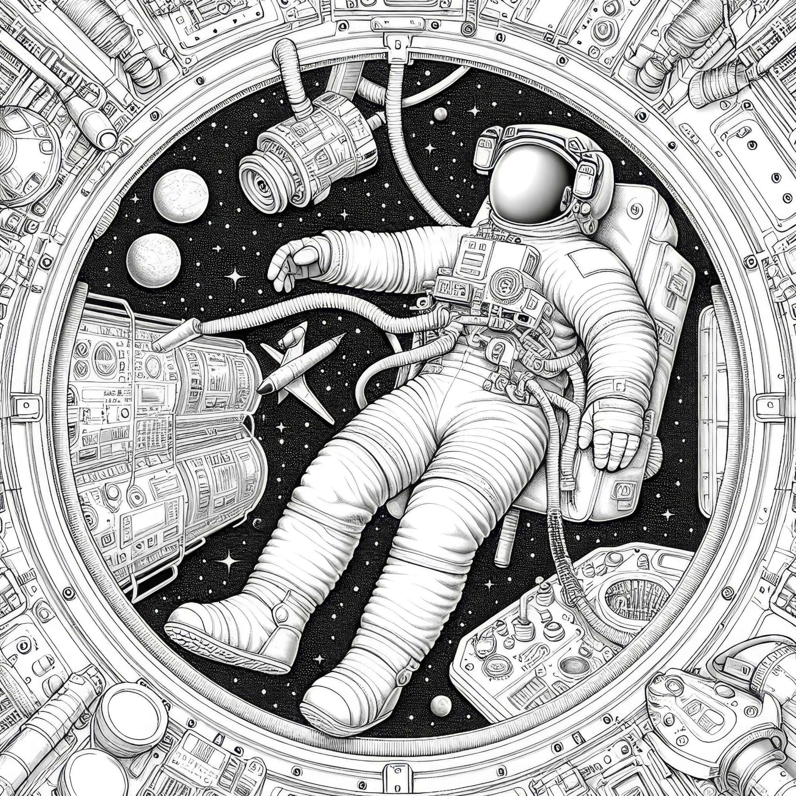Astronaut in Schwerelosigkeit schwebend – Ausmalbild detailreich gratis