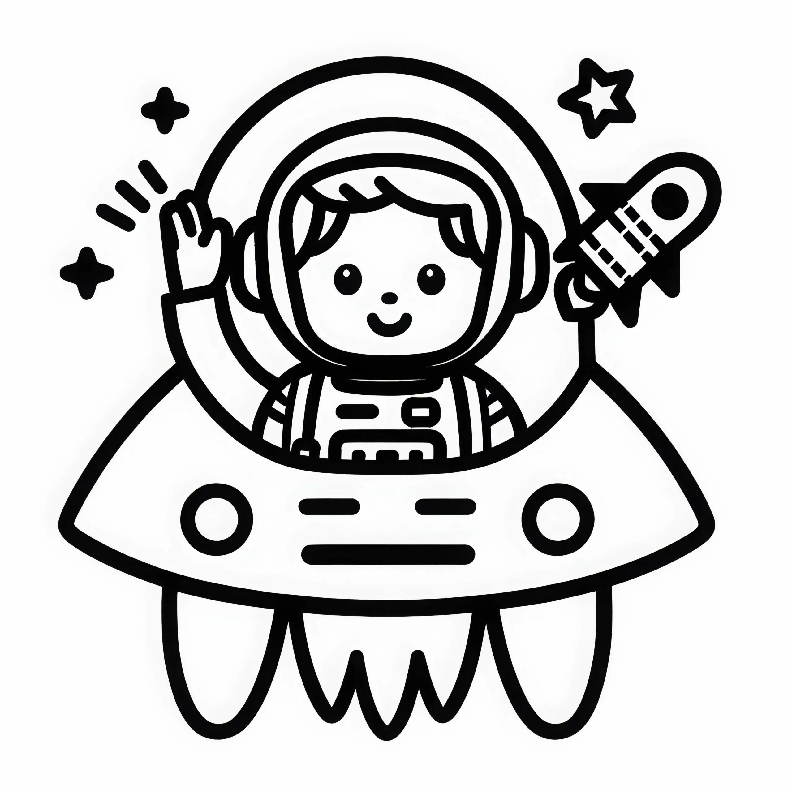 Astronaut winkt aus Rakete – Ausmalbild für Jungs ab drei gratis