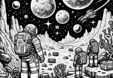 Astronauten auf fremdem Planeten – Malvorlage kostenlos
