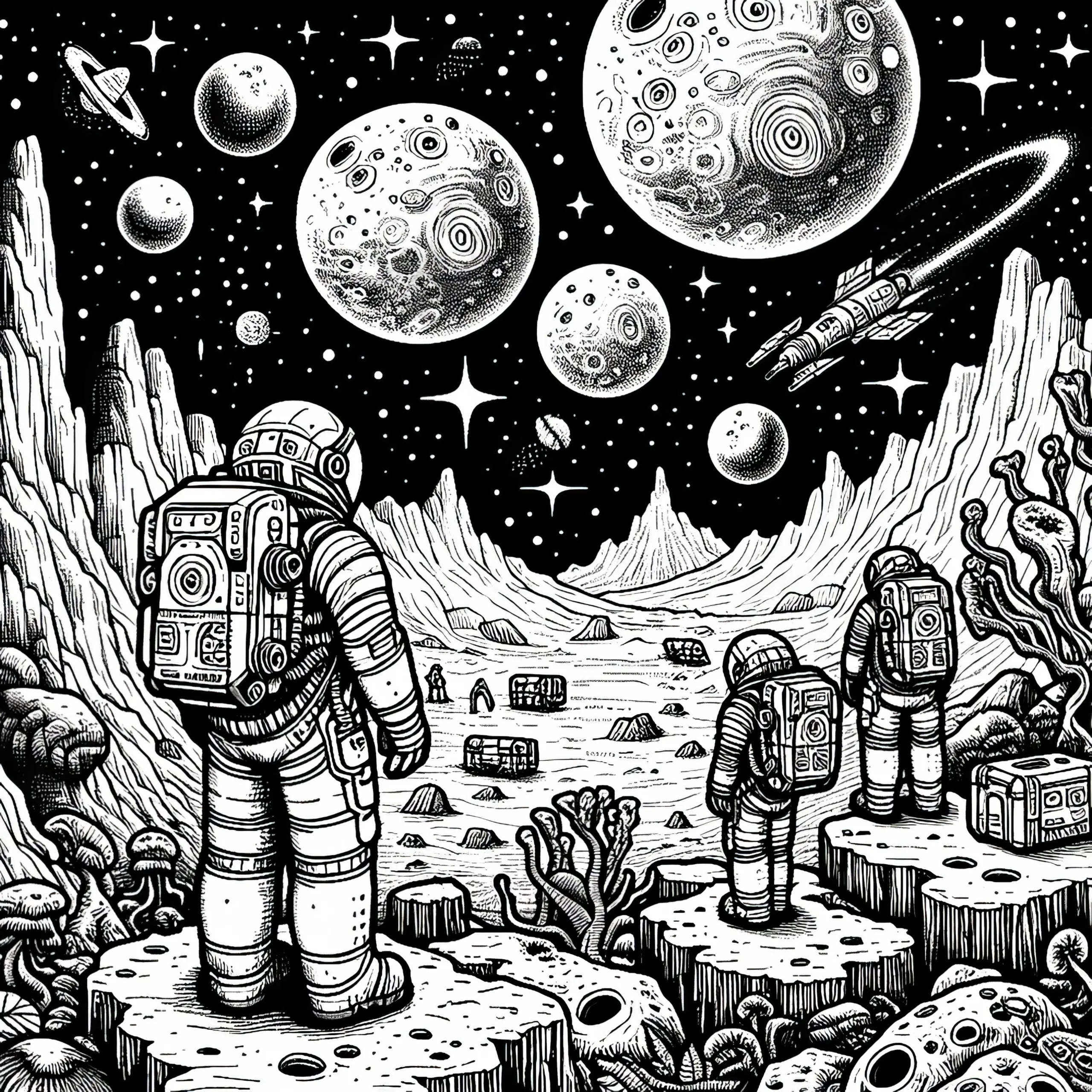 Astronauten auf fremdem Planeten – Malvorlage kostenlos (Ausmalbild)