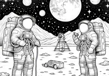 Astronauten auf dem Mond – Ausmalbild für Kinder, detailreich und gratis herunterladen