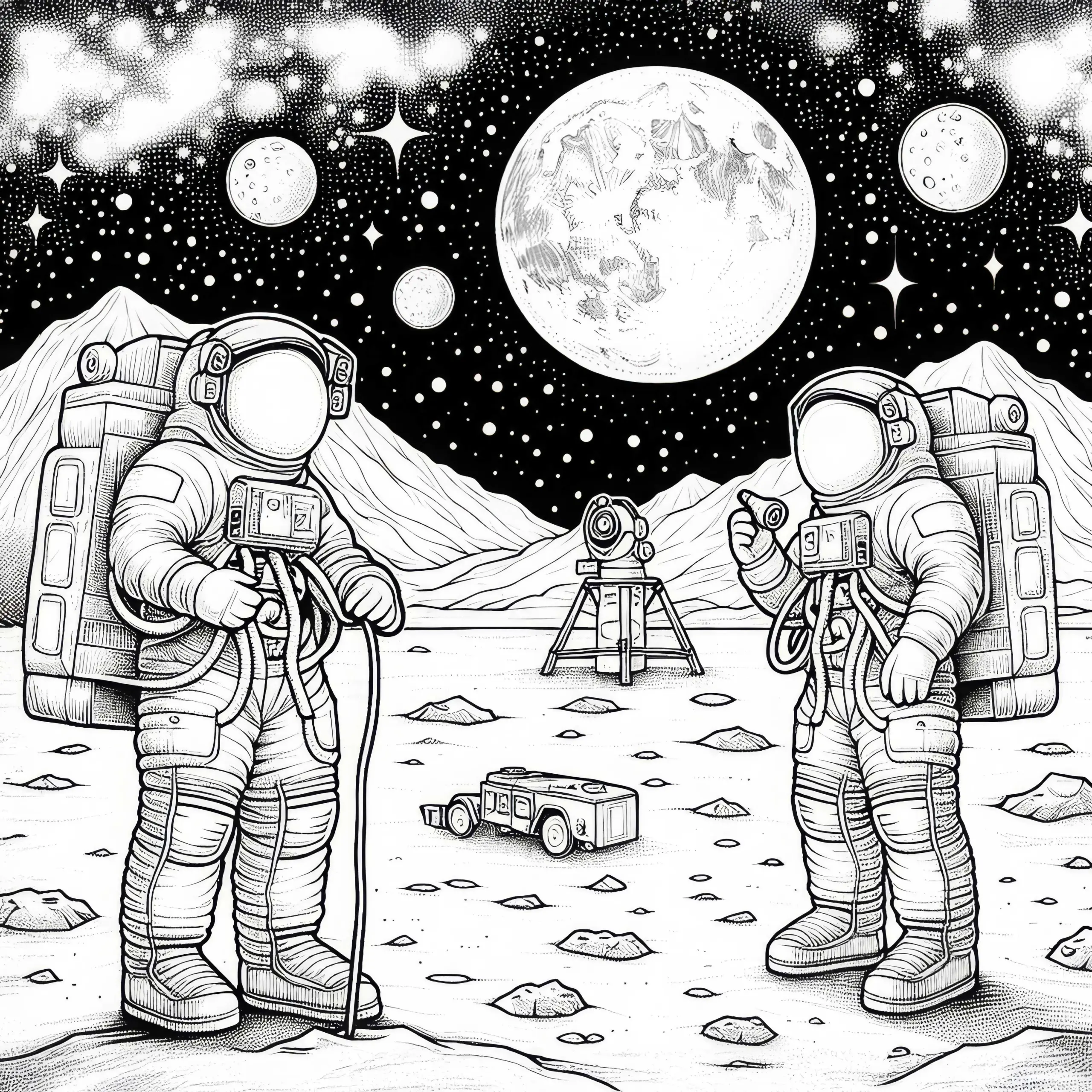 Astronauten auf dem Mond – Ausmalbild für Kinder, detailreich und gratis herunterladen