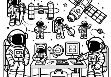 Astronauten bei der Arbeit – Malvorlage einfach und kostenlos