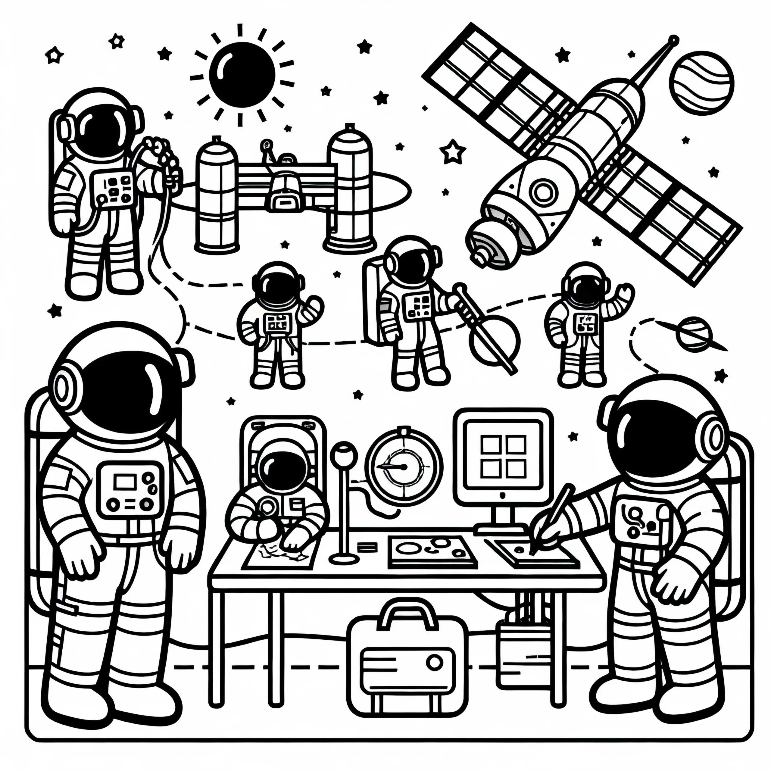 Astronauten bei der Arbeit – Malvorlage einfach und kostenlos (Ausmalbild)