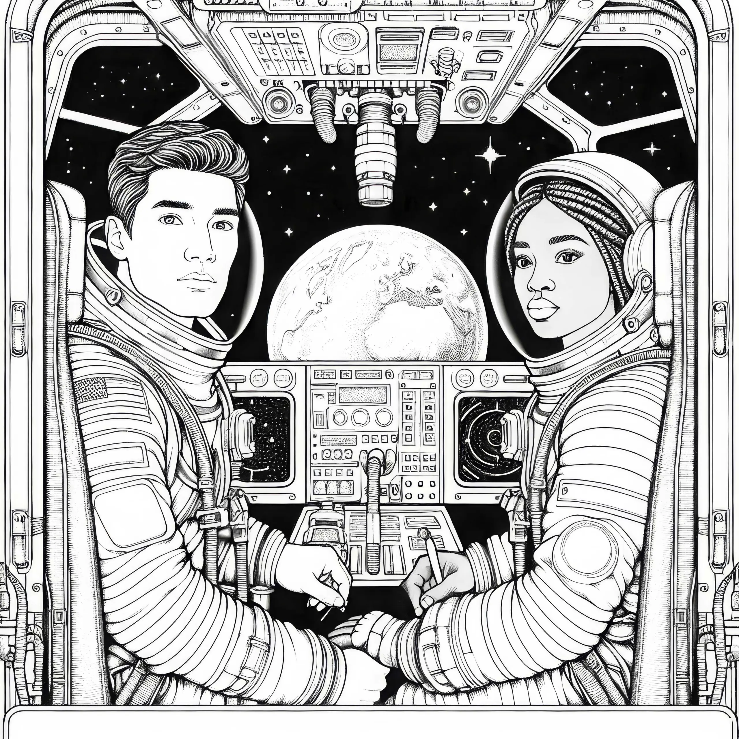 Astronauten in Rakete Malvorlage Detailreich Kostenlos (Ausmalbild)