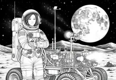 Astronautin auf dem Mond neben Rover – Ausmalbild detailreich gratis