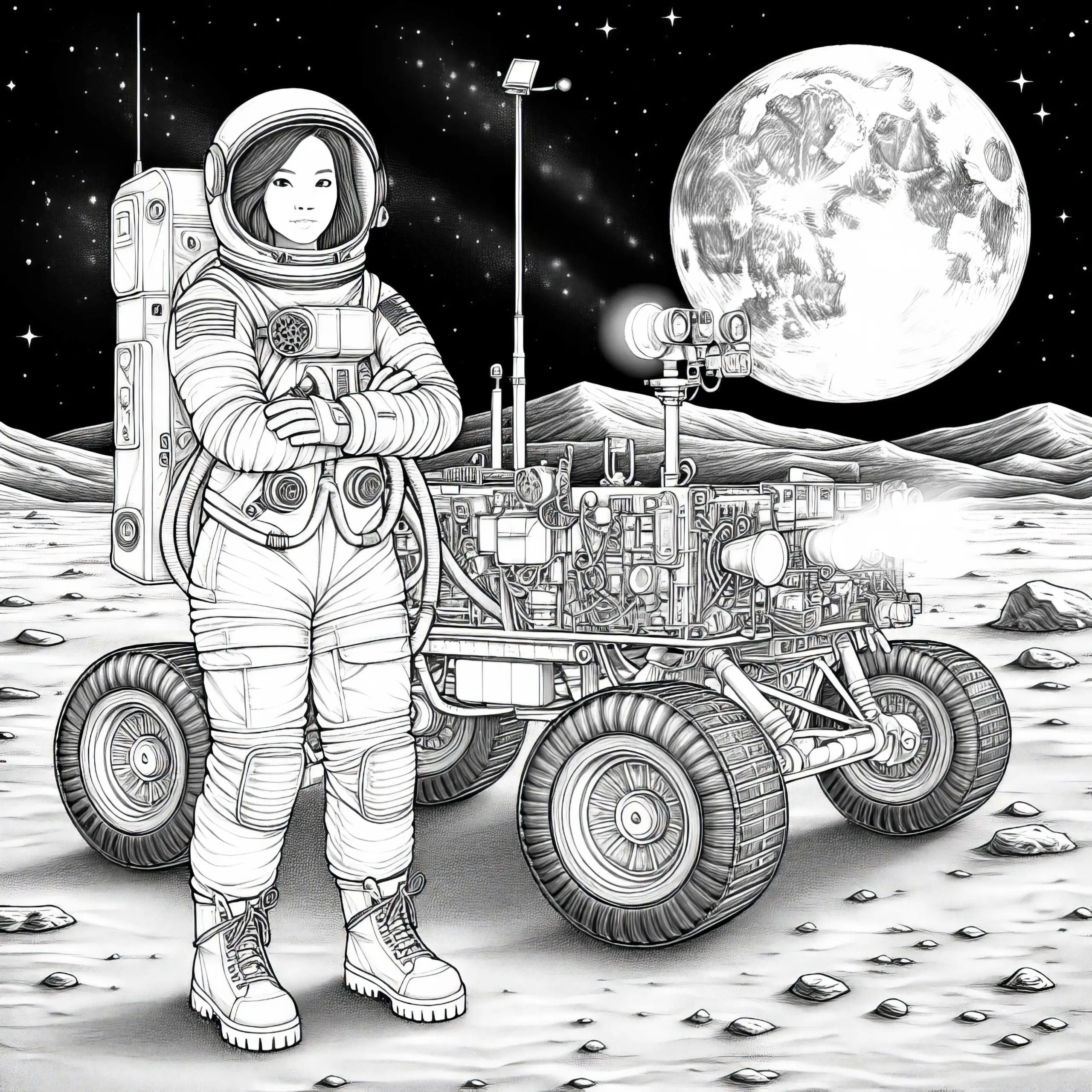 Astronautin auf dem Mond neben Rover – Ausmalbild detailreich gratis