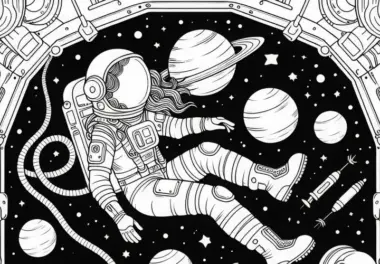 Astronautin in der Schwerelosigkeit schwebend – Ausmalbild einfach kostenlos