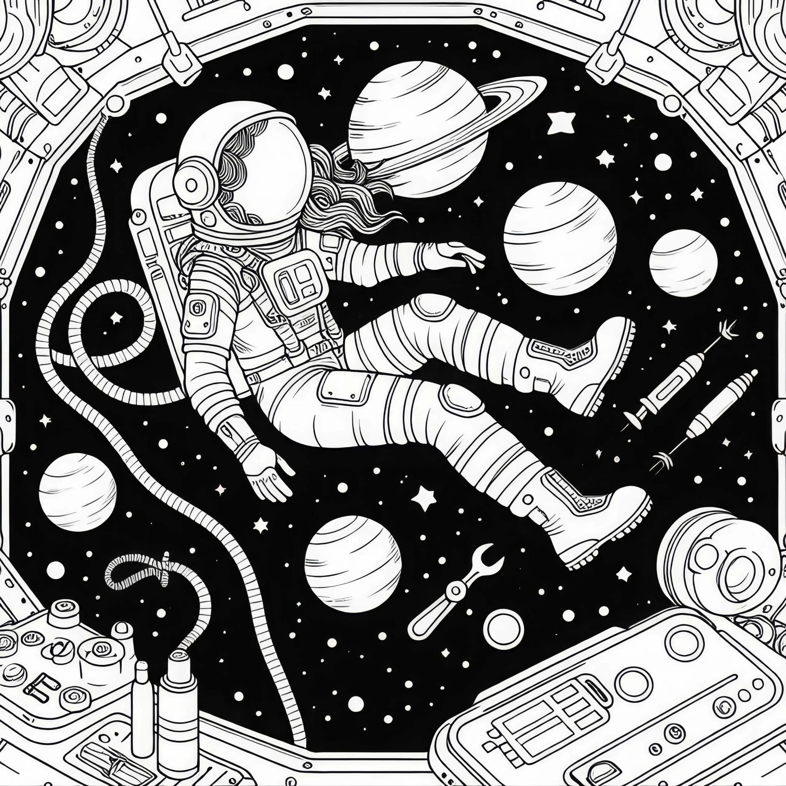 Astronautin in der Schwerelosigkeit schwebend – Ausmalbild einfach kostenlos