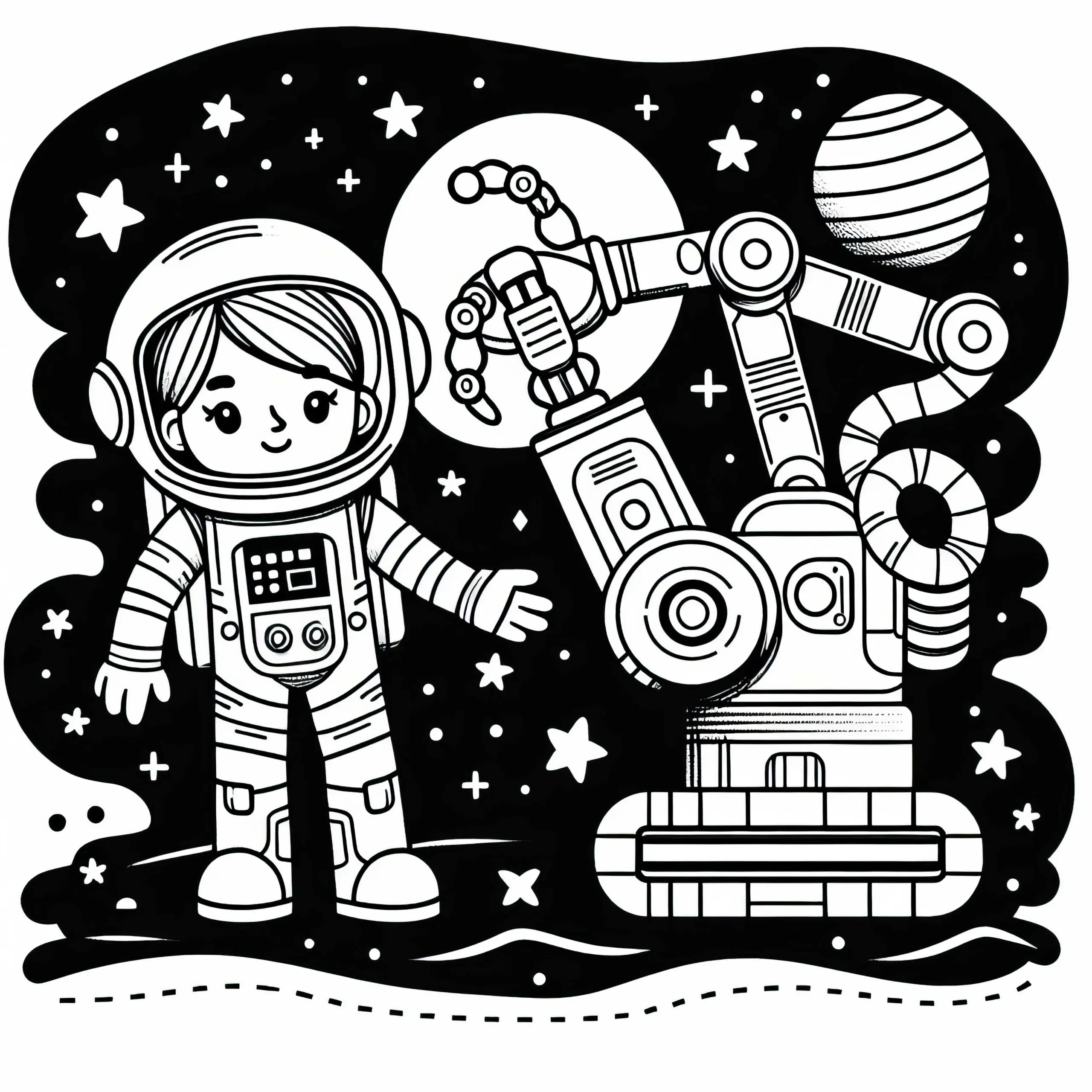 Astronautin und Roboter Ausmalbild Einfach Gratis