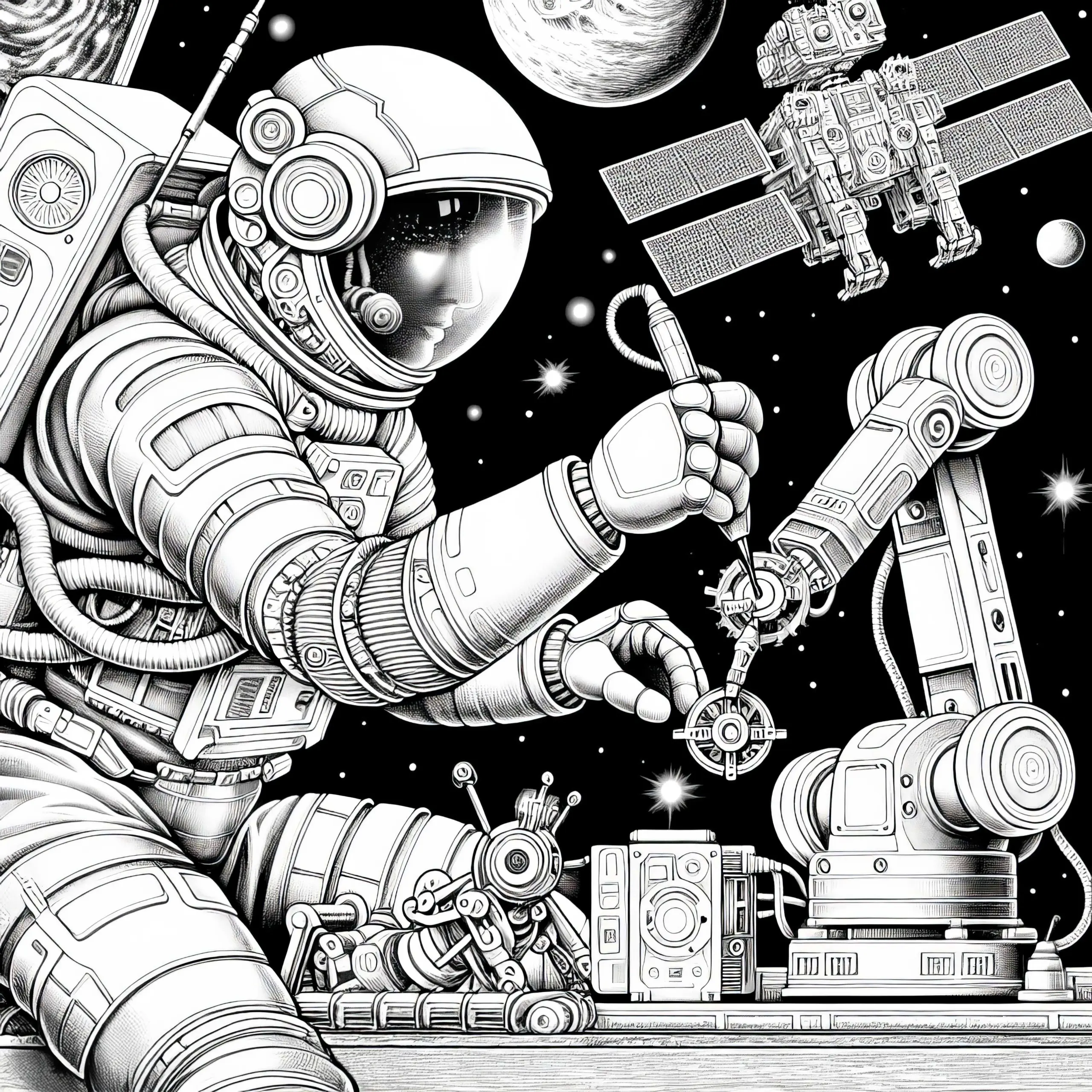 Astronautin und Roboter Malvorlage – Detailreich und Gratis (Ausmalbild)