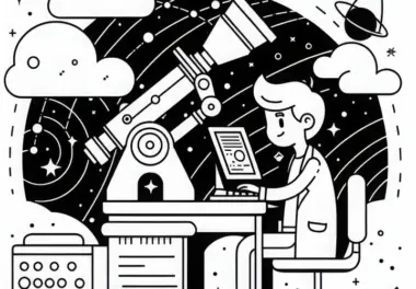 Astronom analysiert Daten aus Weltraumteleskop – Malvorlage kostenlos