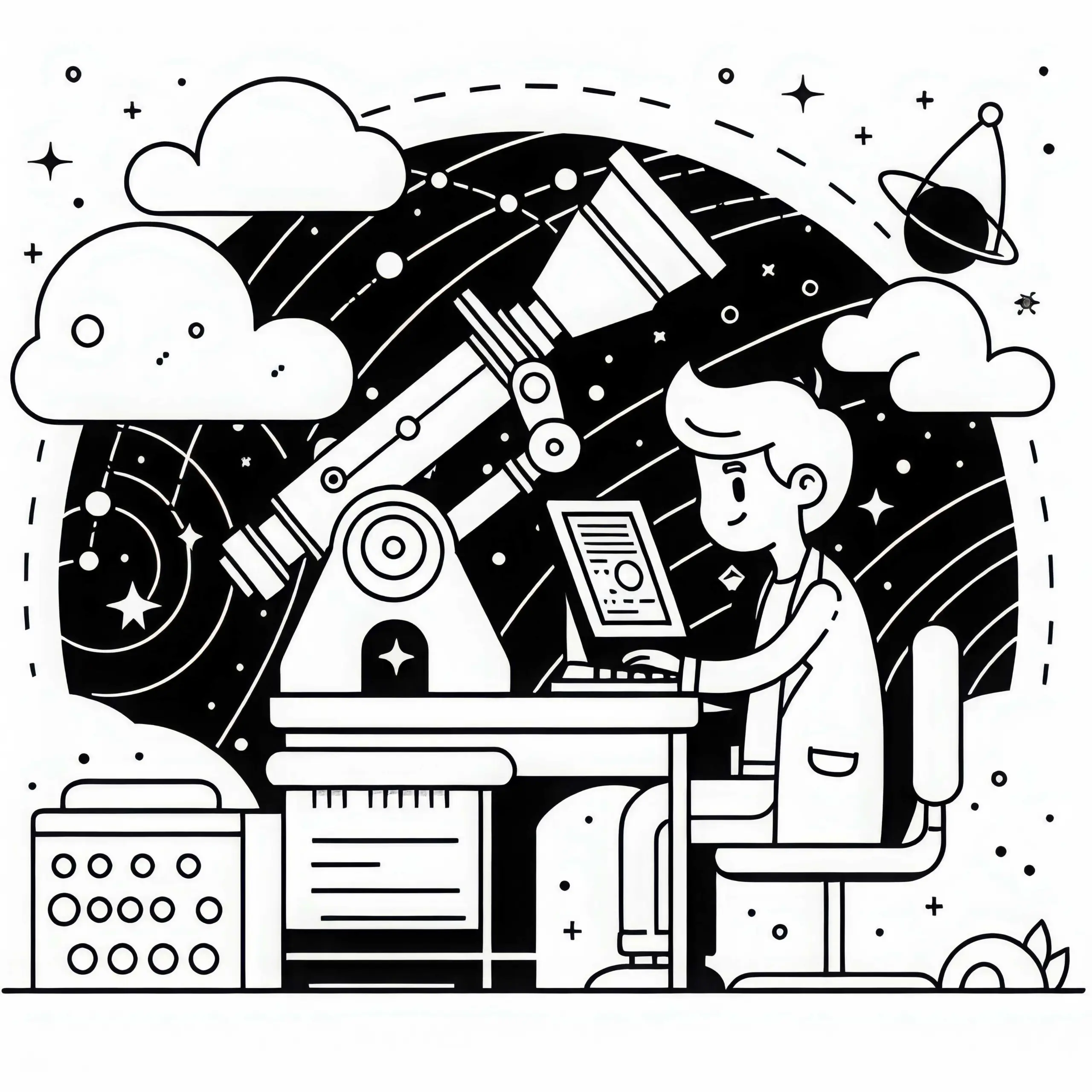 Astronom analysiert Daten aus Weltraumteleskop – Malvorlage kostenlos (Ausmalbild)