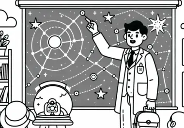 Astronom erklärt Sternbilder in einer Präsentation – Malvorlage gratis