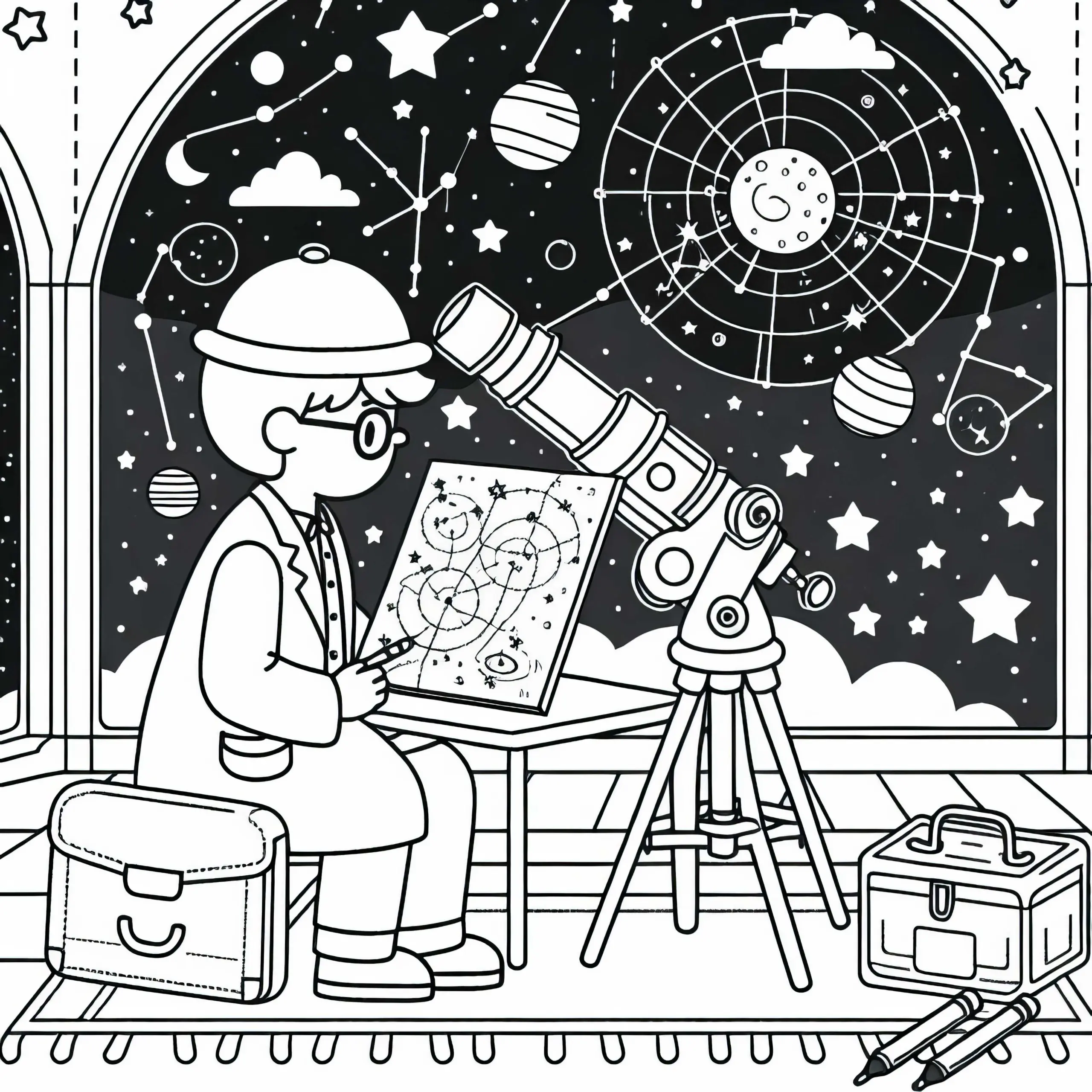 Astronom studiert Sternenkarten – Ausmalbild einfach kostenlos