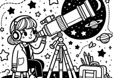 Astronomin beobachtet Sterne durch Teleskop – Ausmalbild einfach gratis