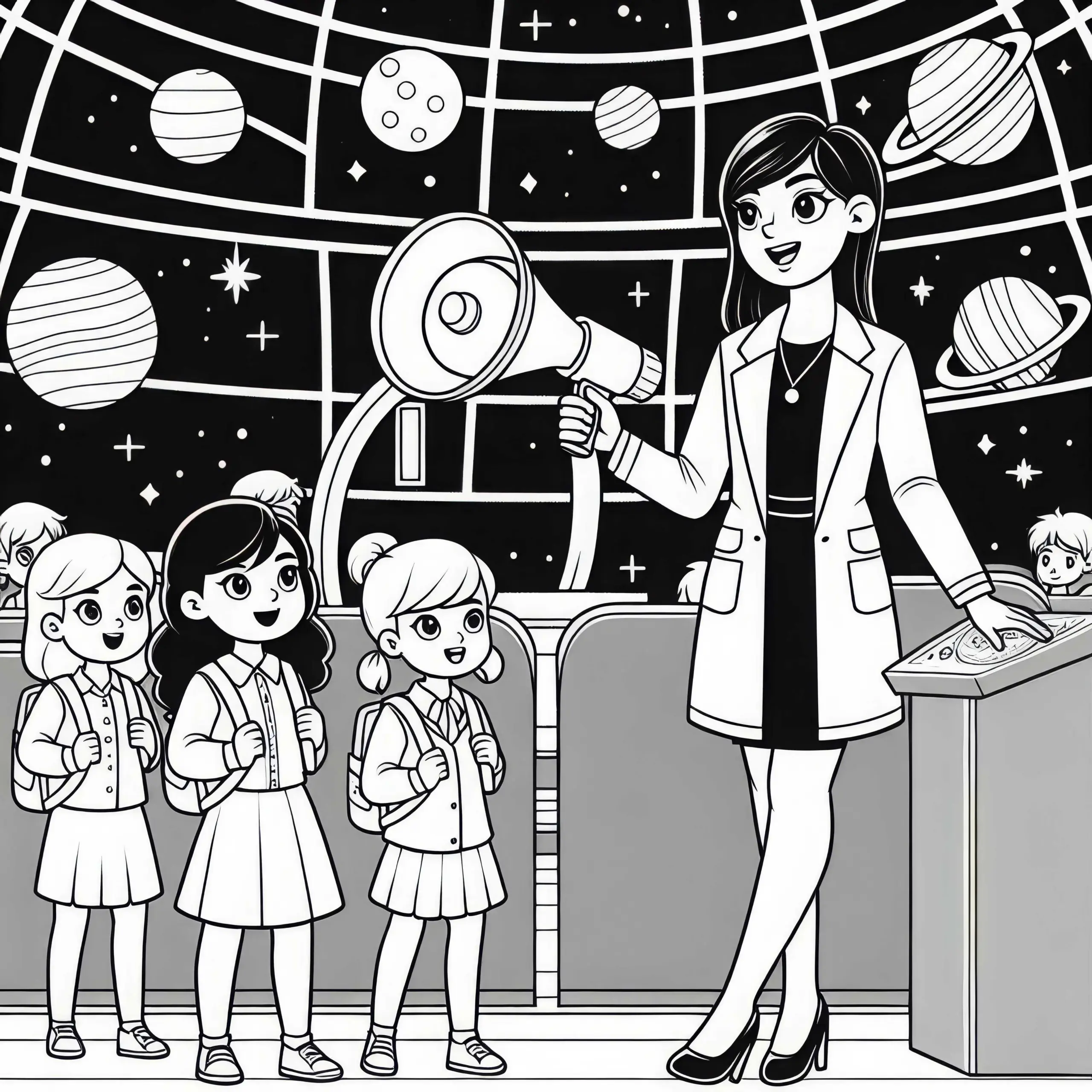 Astronomin leitet Führung durch Planetarium – Malvorlage kostenlos (Ausmalbild)