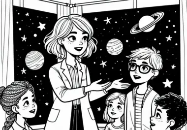 Astronomin spricht mit Schülern über das Universum – Ausmalbild kostenlos