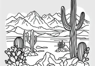 Ausmalbild der Atacama-Wüste in Chile mit Kakteen und Felsen – Kostenloses Motiv aus Südamerika