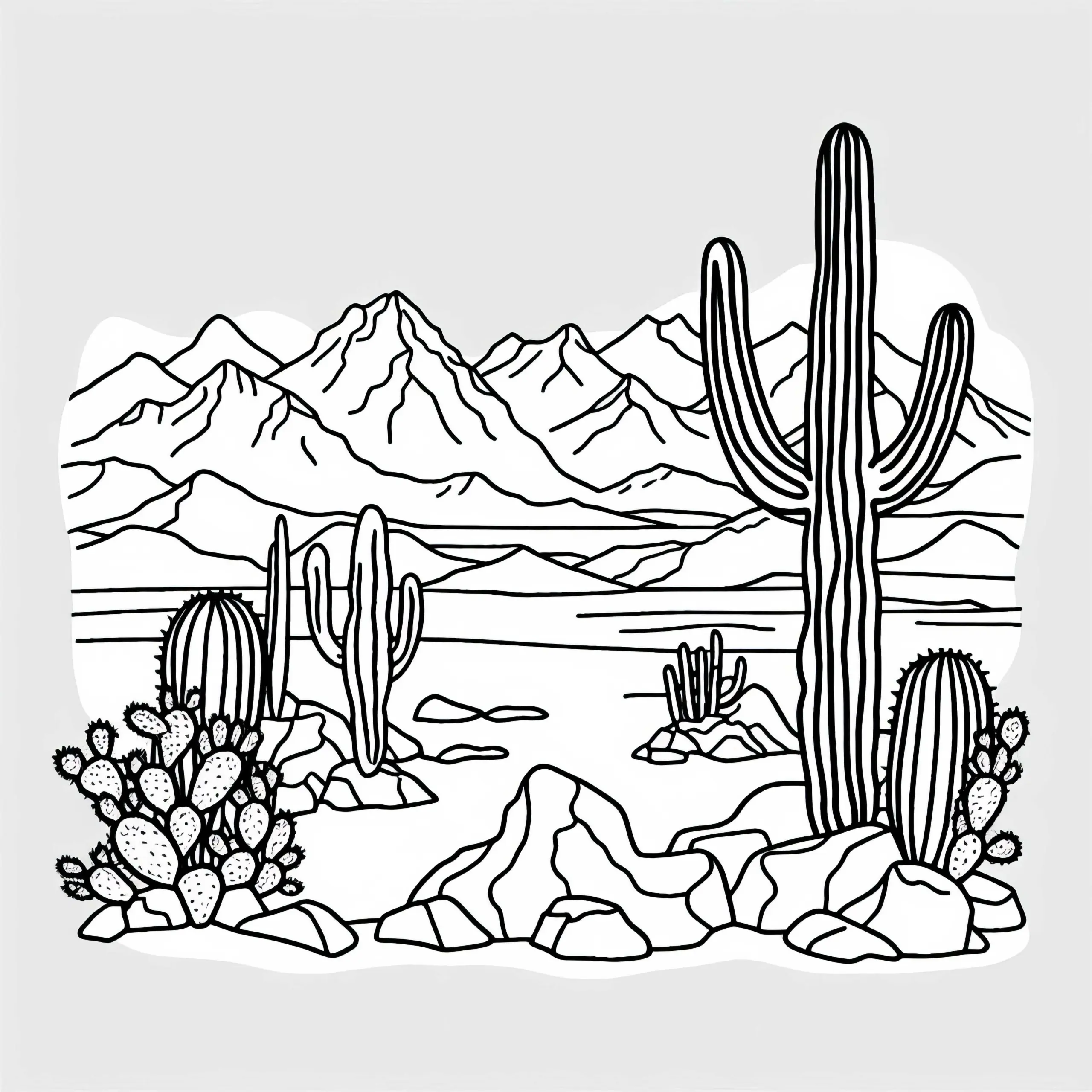 Ausmalbild der Atacama-Wüste in Chile mit Kakteen und Felsen – Kostenloses Motiv aus Südamerika