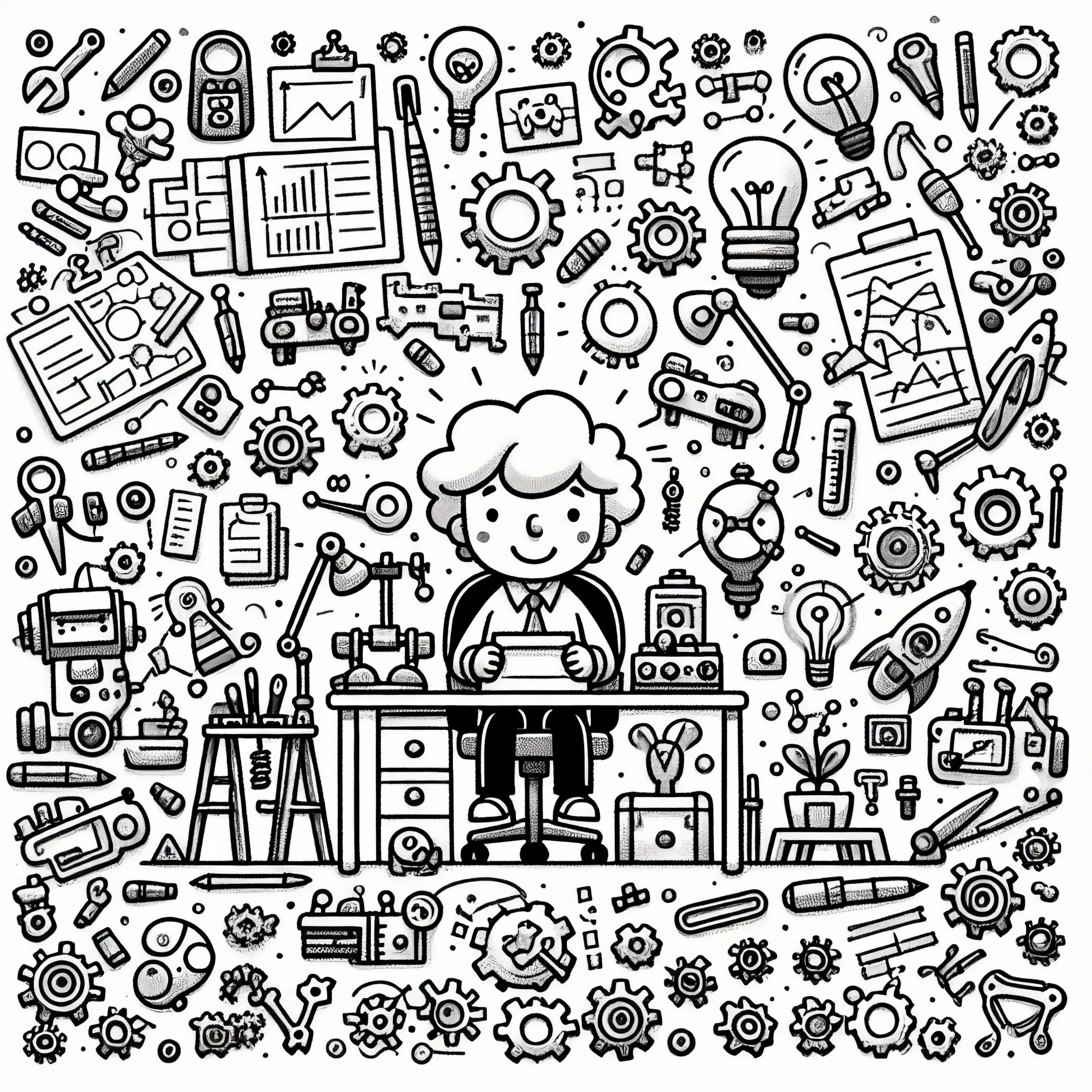 Atelier eines Erfinders – Ausmalbild und Wimmelbild Kostenlos