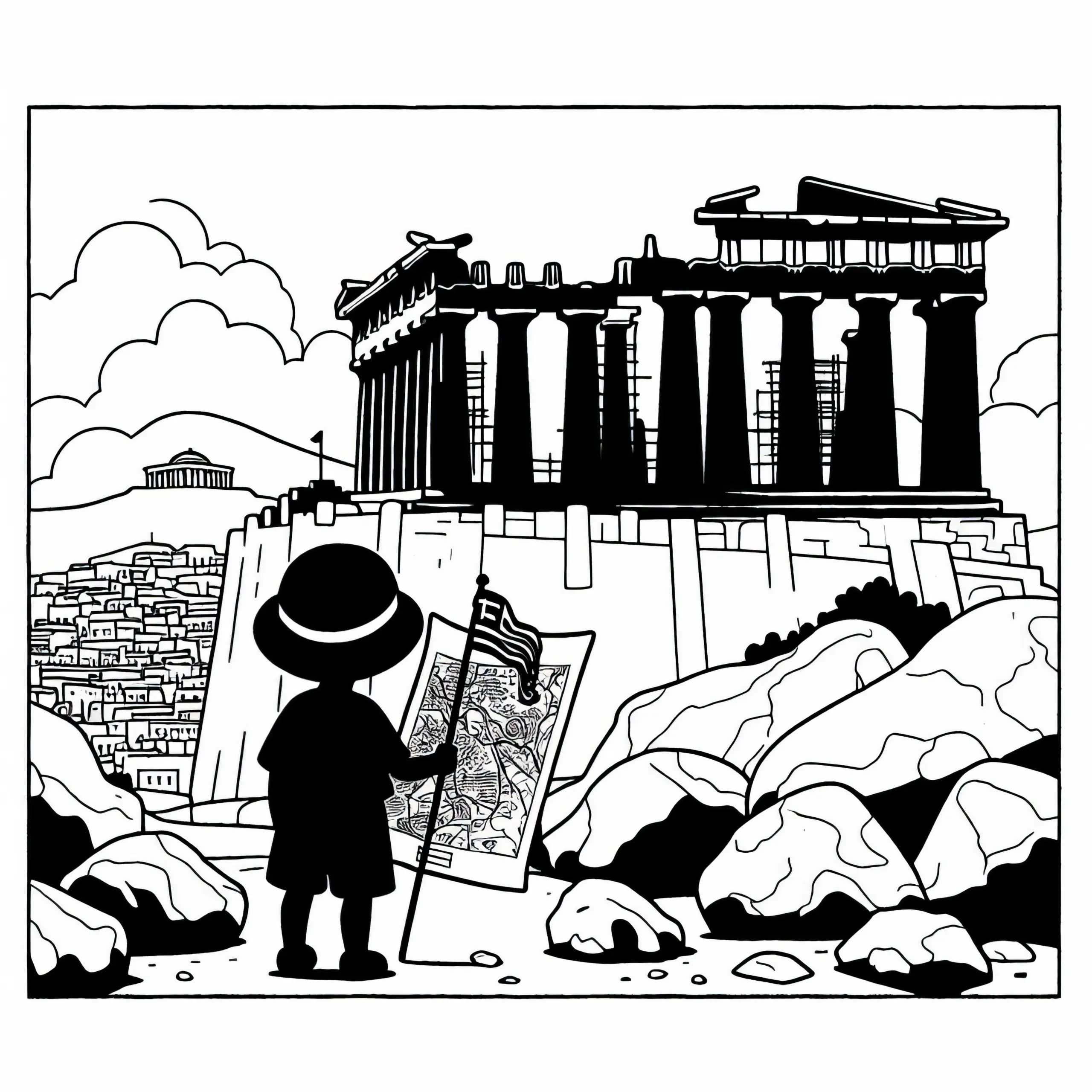 Athen: Kind betrachtet die Akropolis – Malvorlage gratis (Ausmalbild)