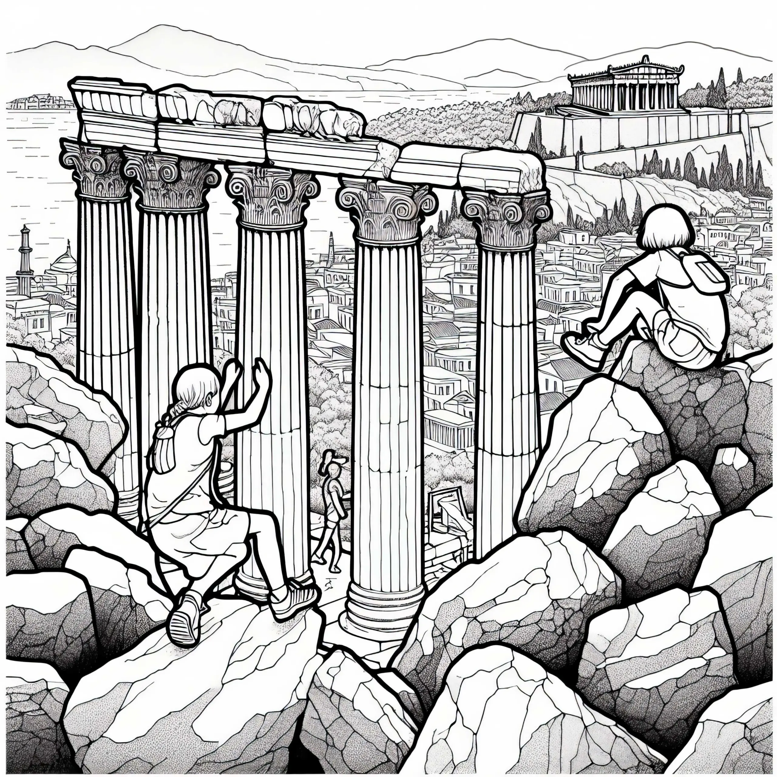 Kinder klettern auf Felsen mit Blick auf antike Säulen in Athen – Ausmalbild kostenlos