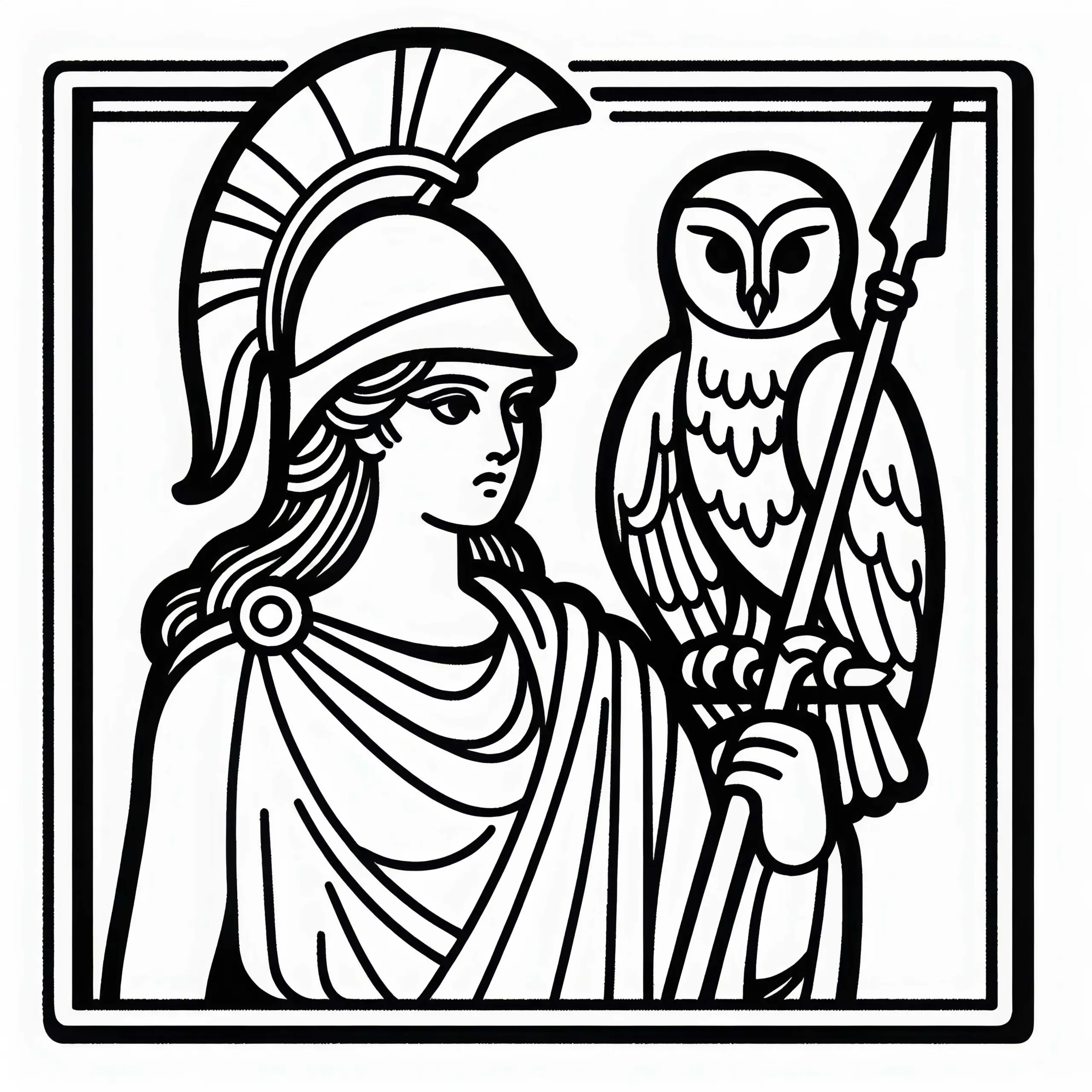 Athena mit Helm, Speer und Eule – Ausmalbild zur griechischen Mythologie
