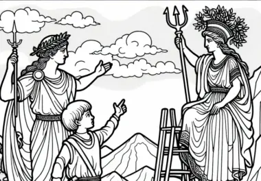 Athene und Hera streiten am Olymp – Ausmalbild für die Ilias