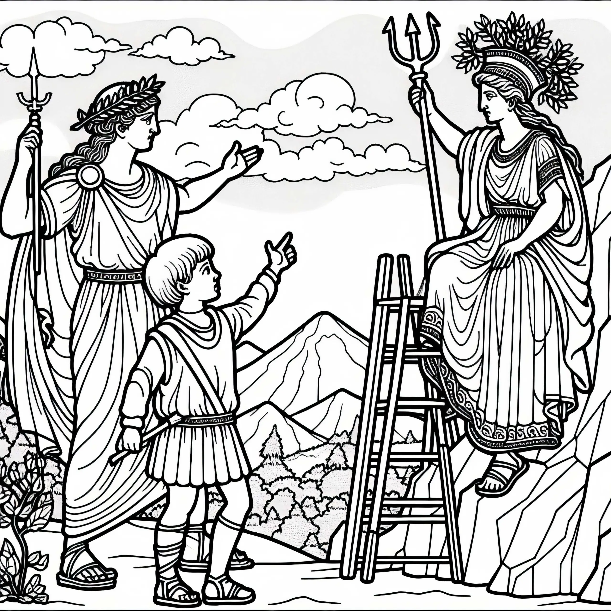 Athene und Hera streiten am Olymp – Ausmalbild für die Ilias