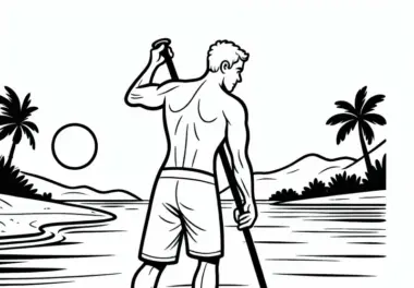 Athlet paddelt beim Stand-up-Paddling gegen leichte Strömung – Malvorlage kostenlos