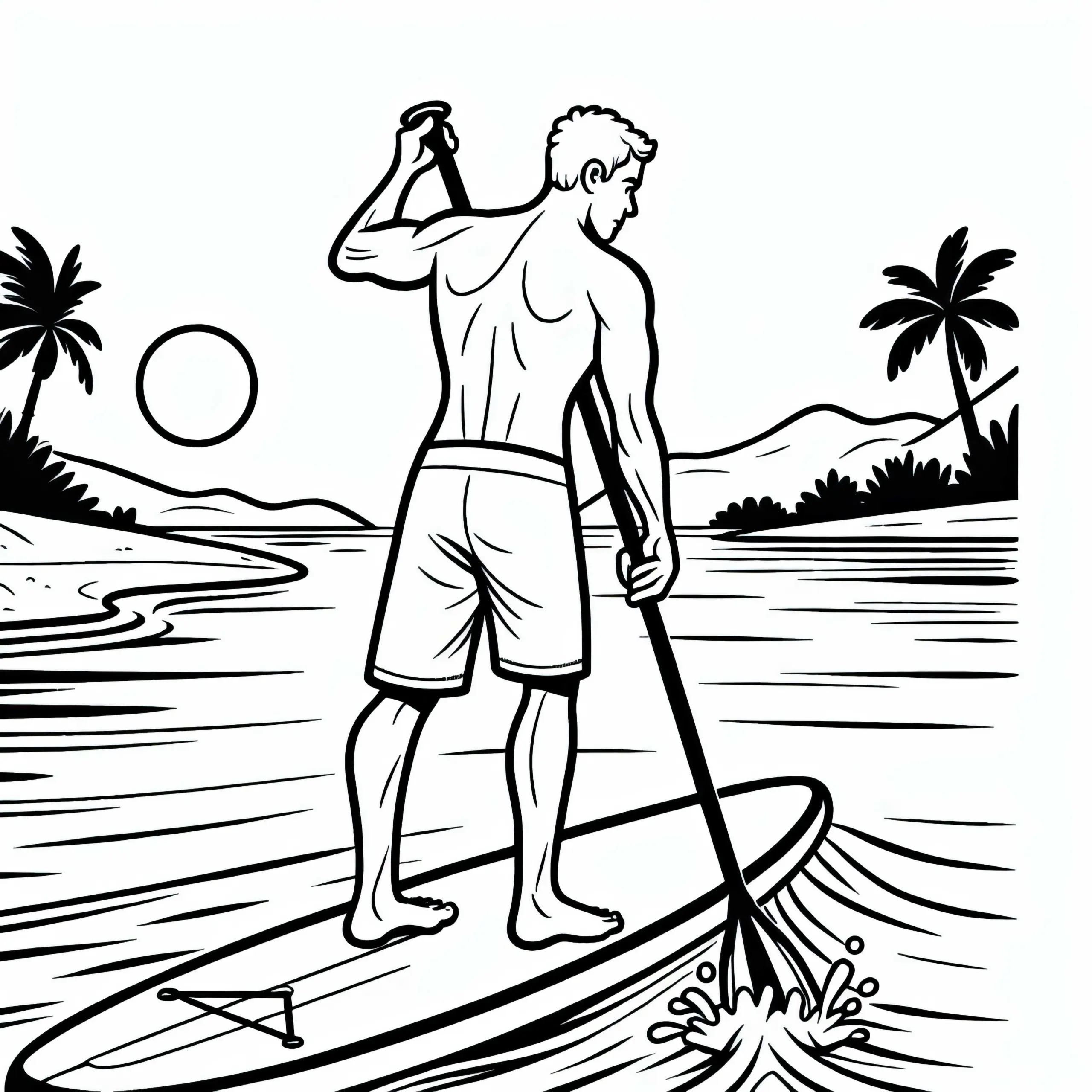 Athlet paddelt beim Stand-up-Paddling gegen leichte Strömung – Malvorlage kostenlos (Ausmalbild)