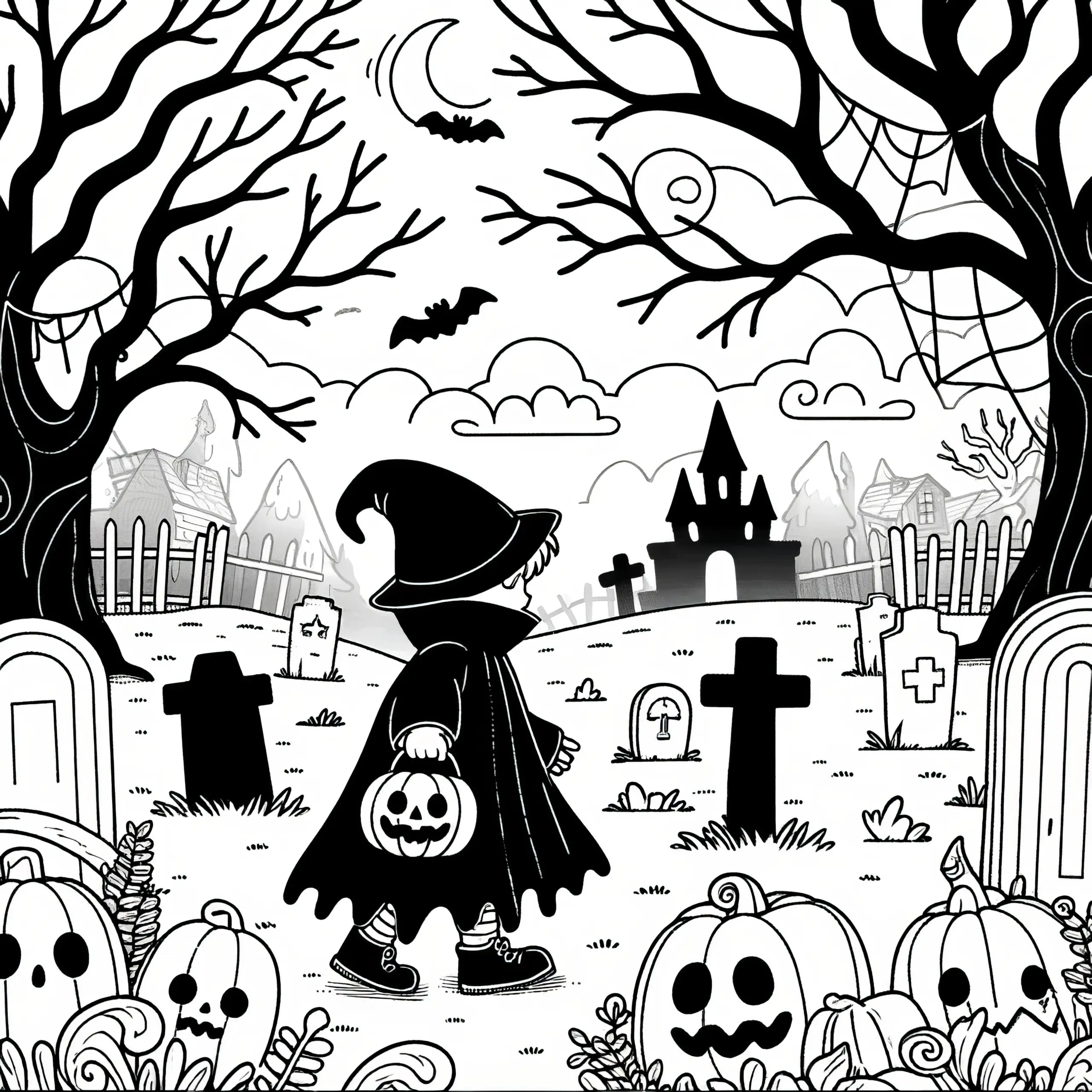 Auf dem Friedhof: Gruseliges Halloween Bild zum Ausmalen (Kostenlos) (Ausmalbild)