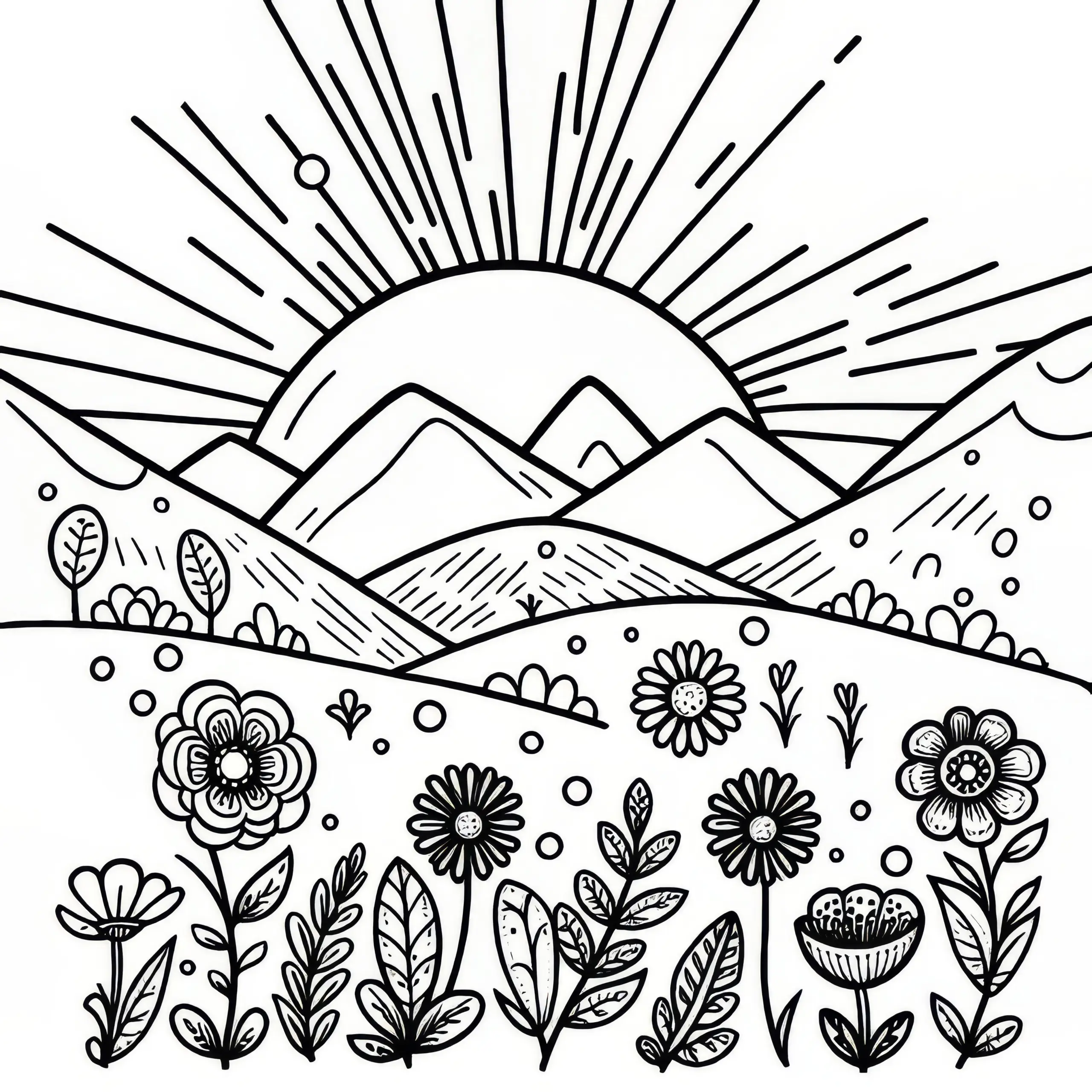 Aufgehende Sonne hinter Berglandschaft: März Ausmalbild (Gratis)