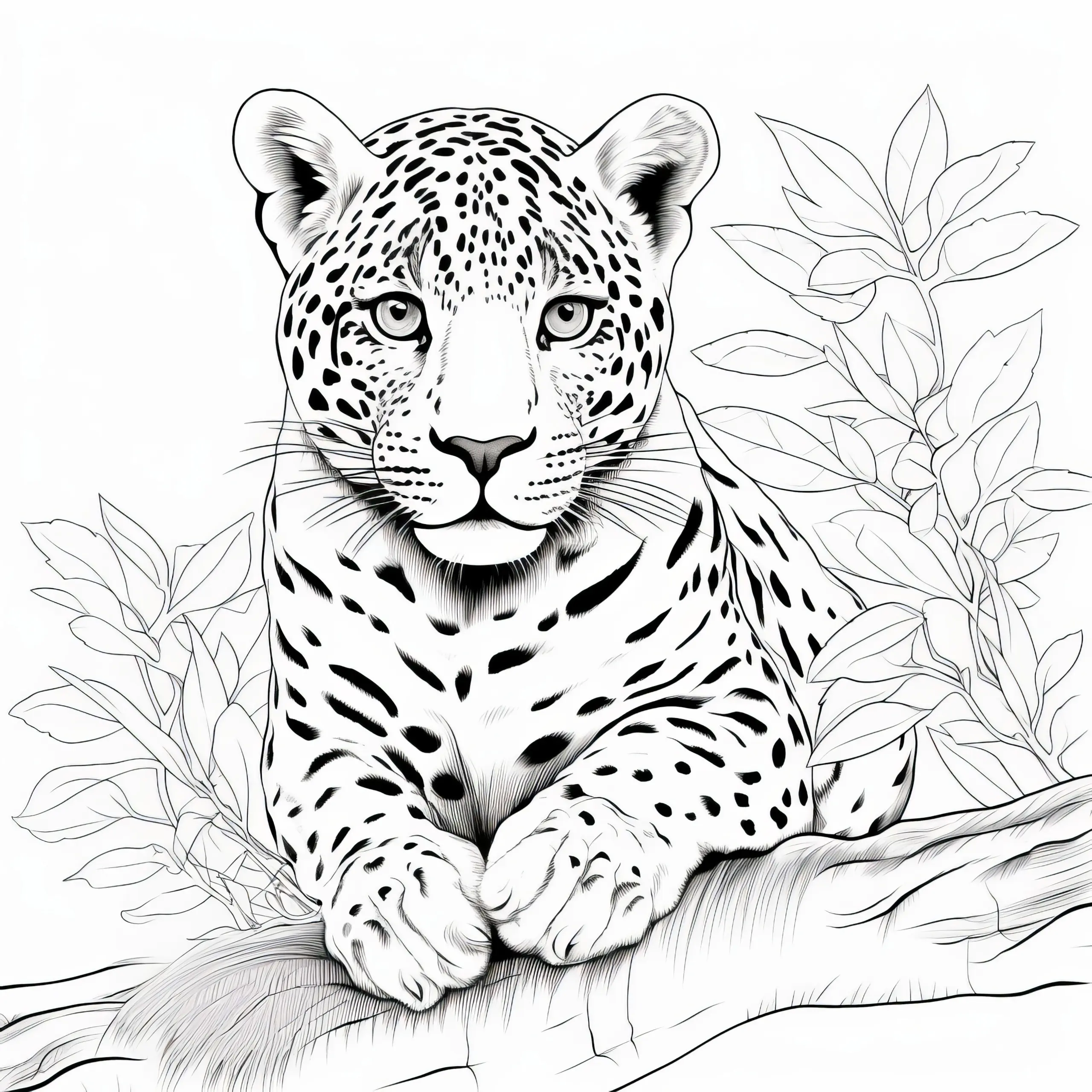 Aufmerksamer Leopard: Raubkatze in Lauerstellung (Ausmalbild kostenlos)