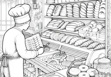 Auslage in der Bäckerei – Malvorlage Detailreich und Kostenlos
